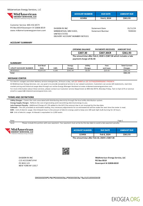 Modèle de facture de services publics d'entreprise USA Iowa MidAmerican Energy Services aux formats Word et PDF